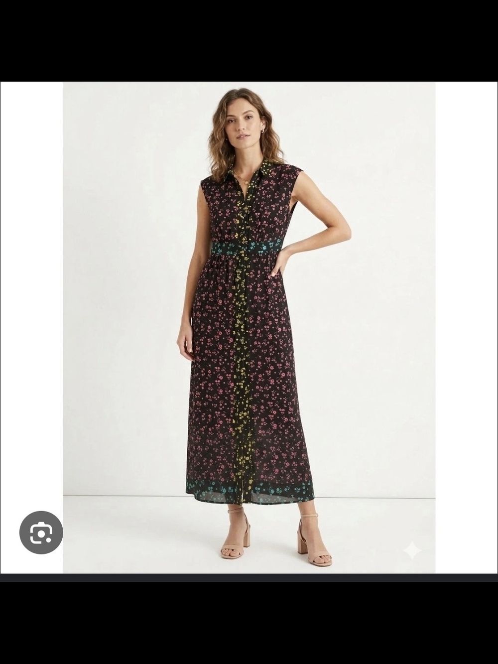 Boden Tessa Sleeveless Midi Shirt Dress Black Azalea Floral Sprig Size 14